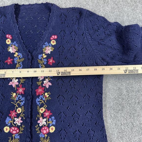 Navy Blue Knit Floral Cardigan Button Down Size Medium Boho Flowers - Picture 4 of 9